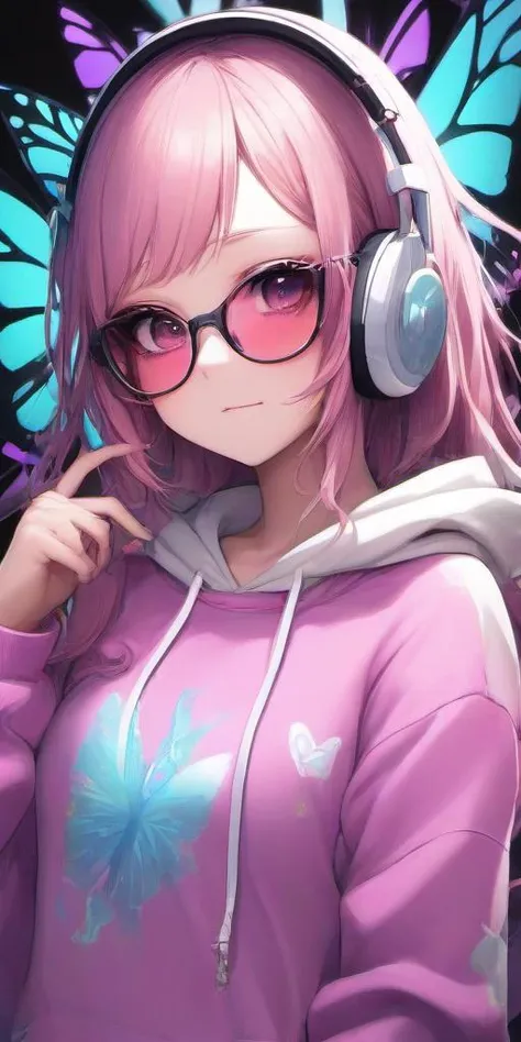 Masterpice,High Quality,portrait,anime,
<lora:PE_ButterflyLady:0.7> PEButterflyLady,
wearing a hoodie,headphones,sunglasses,