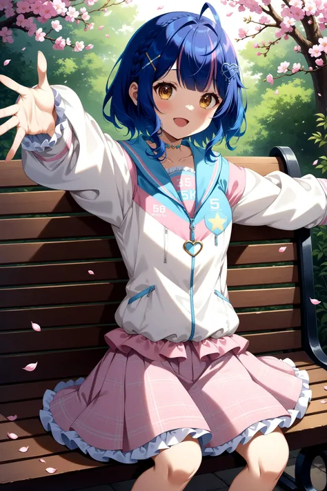 (masterpiece, best quality, very aesthetic, ultra detailed), intricate details, anime style, 4k, ddmya, short hair, ahoge, braid, multicolored hair, x hair ornament, heart hair ornament, choker, white jacket, long sleeves, sleeves past wrists, plaid skirt, pink skirt, <lora:amamiya_kokoro_xl(anima)_v1:0.9>, outstretched arms, reaching out, sitting, bench, outdoors, petals, smile, open mouth,