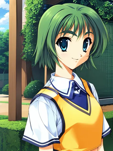 1girl, solo,solo focus, ooba eimi, green hair, blue eyes,short hair, messy hair, green eyebrows, teenage,
facing viewer, smiley face, standing,
school uniform, yellow vest, short sleeves, white shirt,
outdoors,
<lora:Eimi_chan_sama_V2:1>