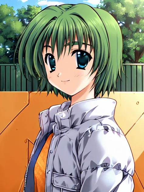 1girl, solo,solo focus, ooba eimi, green hair, blue eyes,short hair, messy hair, green eyebrows, teenage,
facing viewer, smiley face, standing,
(white down jacket:1.3),
outdoors,
<lora:Eimi_chan_sama_V2:1>