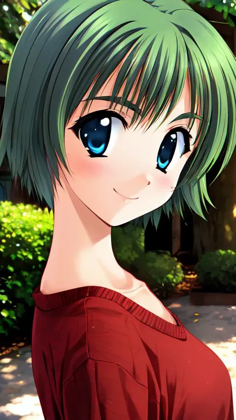 1girl, solo focus, ooba eimi, green hair, blue eyes,short hair, small breasts, messy hair, upper body, green eyebrows,
red sweater, smile,
outdoors,
<lora:Eimi_chan_sama_V1:1>