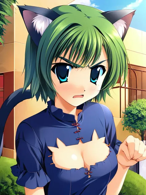 1girl, solo,solo focus, ooba eimi, green hair, blue eyes,short hair, messy hair, green eyebrows,
facing viewer, standing,
cosplay photo, cat ears, cat girl, blush, cat costume, cat cutout, paw pose, angry, cleavage cutout, medium breasts, cat tail,
outdoors,
<lora:Eimi_chan_sama_V2:1>