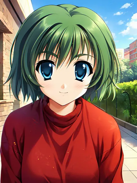 1girl, solo,solo focus, ooba eimi, green hair, blue eyes,short hair, messy hair, green eyebrows, teenage,
facing viewer, smiley face, standing,
red sweater, prone bone,
outdoors,
<lora:Eimi_chan_sama_V2:0.9>