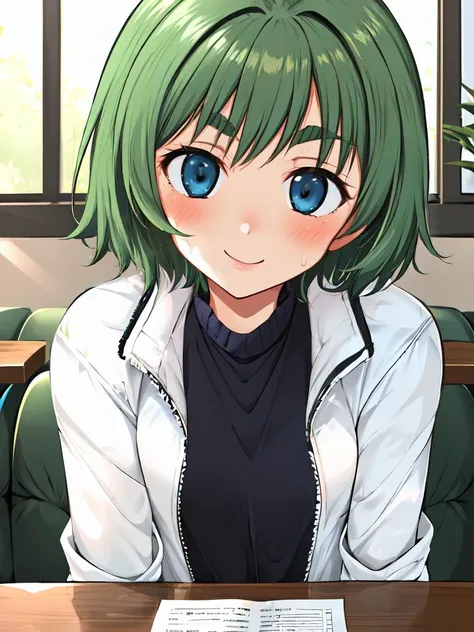 1girl, solo focus, ooba eimi, green hair, blue eyes,short hair, small breasts, messy hair, green eyebrows, smile,
pov across table, facing viewer,
<lora:Eimi_chan_sama_V1:0.9>, white Down jacket