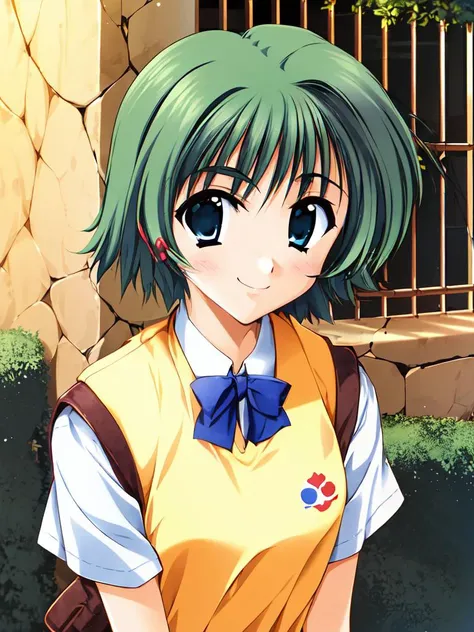 1girl, solo focus, ooba eimi, green hair, blue eyes,short hair, small breasts, messy hair, green eyebrows, smile,
school uniform, yellow vest, short sleeves, white shirt,
outdoors, facing viewer,
<lora:Eimi_chan_sama_V1:1>, white Down jacket