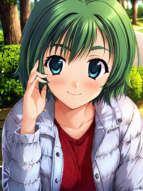 1girl, solo focus, ooba eimi, green hair, blue eyes,short hair, small breasts, messy hair, green eyebrows,
red sweater, white down jacket, smile,
outdoors, facing viewer,
<lora:Eimi_chan_sama_V1:1>, white Down jacket