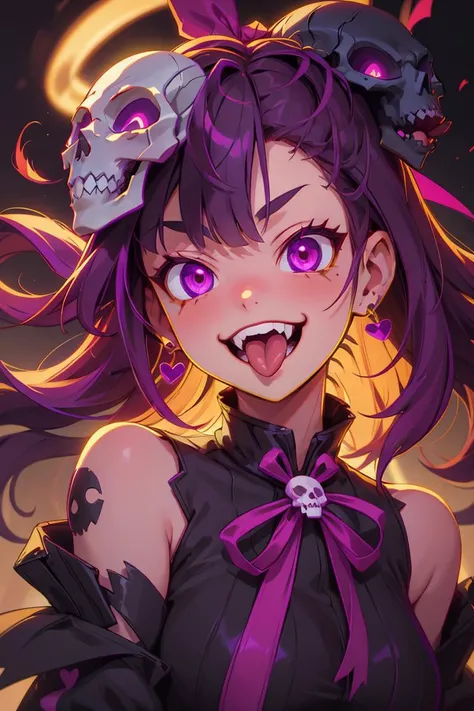 (best quality), super fine concept art, 1girl, solo, PSYCHOPHONKY, crazy smile, tongue sticking out, heart-mark, ribbon, <lora:PSYCHOPHONKY:0.7>, skull mask, skull, jaw, steel, metal, yellow stroke, purple stroke, <lora:color stroke_v1.03:0.6>,