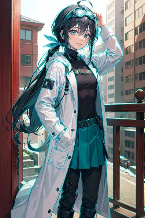 <lora:color stroke_v1.03:1> ,aqua stroke,, ultra detailed, masterpiece, best quality, aesthetic, detailed,, solo, soft smile, light smile, 1girl, aqua eyes, black hair, <lora:low_ponytail-1.0:0.95> low ponytail, ahoge, absurdly long hair, very long hair, hair flaps, hair between eyes, bangs, messy hair, small breasts, (goggles on head:1.1),, hooded coat, open coat, turtleneck, pants, black knee boots, multiple straps, white coat, layered clothes, hair ribbon, pants under skirt,