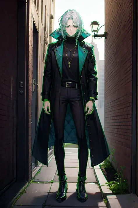 <lora:color stroke_v1.03:1> green stroke,, ultra detailed, masterpiece, best quality, aesthetic, detailed,, solo, 1boy, teal eyes, <lora:Tsurime3:1>, (tsurime:1.2), parted bangs, white hair, medium hair, straight hair, shoulder-length hair, male focus,, coat, shirt, pants, studded belt, multiple belts, combat boots, torn clothes, necklace, black coat, black and green theme,