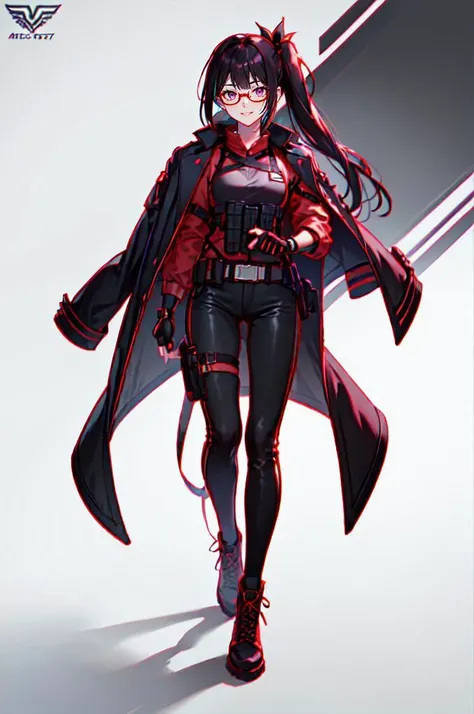 <lora:mahoushoujo_cpt_v01:1> (mahoushoujo:1.3), cityscape,, ultra detailed, masterpiece, best quality,, solo, smug smile, 1girl, purple eyes, red-framed eyewear, (black hair, red colored tips:1.2), red streaked hair, very long hair, side ponytail, tied hair, medium breasts,, <lora:StS-Coat-and-Jacket-On-Shoulders-Iteration2:1> dataset, jacket on shoulders, coat on shoulders, red dress, sleeves rolled up, fingerless gloves, holster, belt, multiple belts, combat boots, bulletproof vest, pants, black coat, tactical clothes,