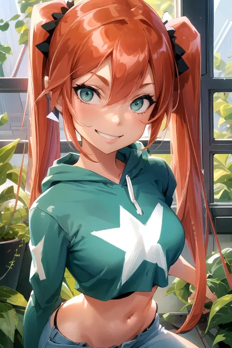 1girl, twintails, redhead, smiling, happy, green crop-top hoodie, tight jeans, bright, whimsical, rustic studio, workshop, plants, vines, ivy, sunlight, windows, masterpiece <lora:RossDraws:1>