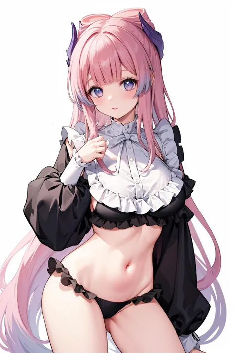 1girl, <lora:char-kokomi:1> ,solo,
 <lora:MarinRizuFrilledShirtCollarShrugClothingV1:1> ,large breasts, 
frilled shirt collar, long sleeves, black panties, 
frilled panties, shrug \(clothing\), crop top, midriff, black_shirt, cowboy shot,