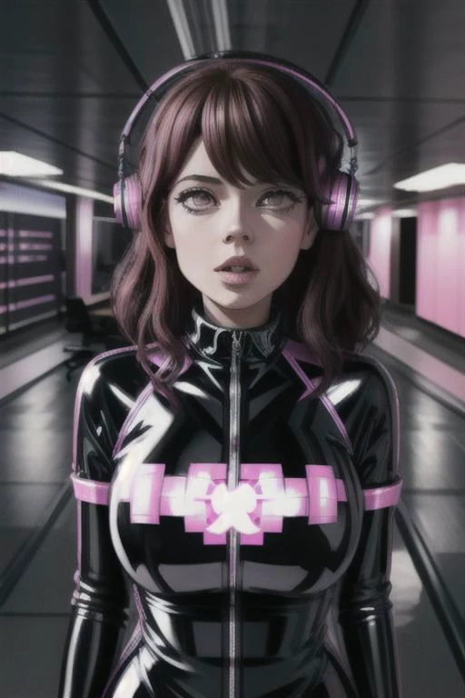 professional detailed photo of (latex office woman) being (brainwashed by pink spiral screen), (latex office dress:1), Mind Control Eyes, Brainwashed facial expression, (Brainwashing)+++, (Mind Control)+++, (Mind control device),