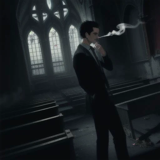 a men smoking a cigarette far away in an abandonned church old church men black clothes wild angle dark