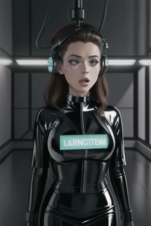 professional detailed photo of (latex office woman) being (brainwashed by mind control choker), (latex office dress with pencil skirt:1), Mind Control Eyes, Brainwashed facial expression, (Brainwashing)+++, (Mind Control)+++, (Mind control device),