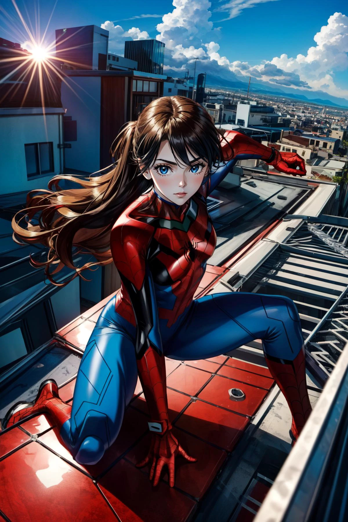 (masterpiece, best quality), intricate details,
1girl, <lora:souryuu_asuka_langley-10:0.8> souryuu_asuka_langley, interface headset,
<lora:attire_spider-man-12:0.8> spider suit, spider web print, spider web,
superhero landing, one hand on ground,
skyscrapper, rooftop, sun, buildings,