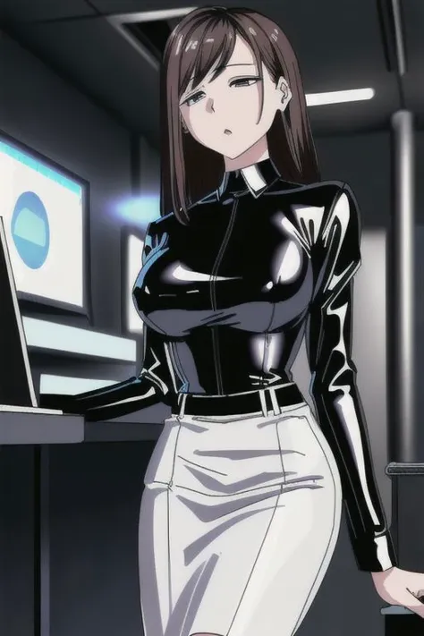 (Dark Persona), professional detailed (full length) photo of (latex office woman) being (hypnotized by computer screen), (white office blouse with covered nipples and latex pencil skirt:1), (expressionless, empty eyes, drooling), (Brainwashing), (Mind Control), (brainwashing screen),
