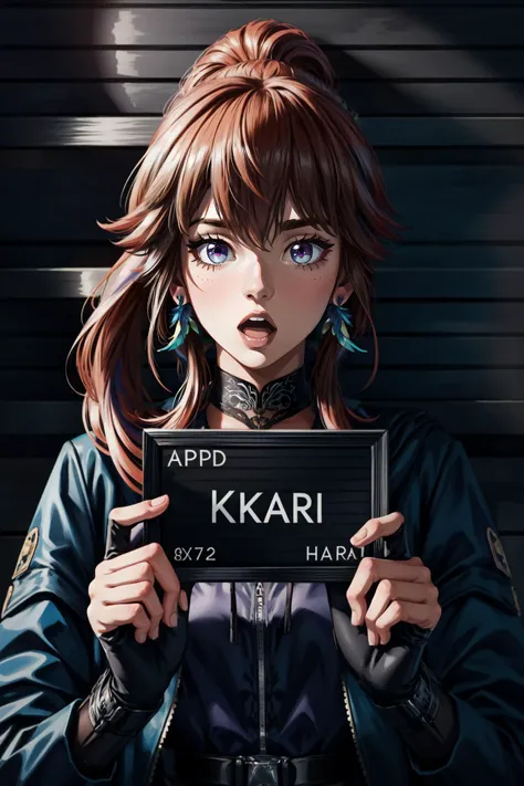 (masterpiece, best quality), intricate details,
1girl, <lora:KitsuneAi-KiaraAlter-LoCon32-V3-000008:0.8> takanashi kiara, jewelry, feathers, gloves, feather earrings, fingerless gloves, thighhighs, colored inner hair, bangs, skirt, jacket, boots, long hair, ponytail
<lora:CONCEPT_barbie_mugshot_ownwaifu-10:0.8> concept_barbie_mugshot_ownwaifu, holding, barbie_mugshot_(meme),drop_shadow,height_mark, height_chart, nameplate, holding sign, letterboxed, looking at viewer, meme, mugshot, open mouth, solo, upper body, english text,
