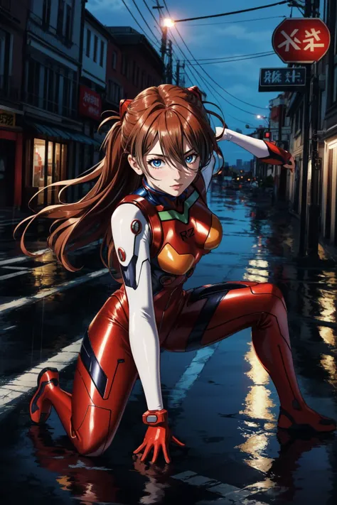 (masterpiece, best quality),  intricate details,
1girl,    <lora:souryuu_asuka_langley-10:0.8> souryuu_asuka_langley, plugsuit, bodysuit, interface headset, red bodysuit, hair between eyes, pilot suit
 superhero landing, one hand on ground, 
rain, city, night, reflections,