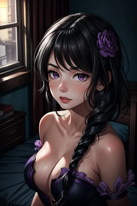 (masterpiece, best quality),  intricate details,
1girl,    <lora:elsagranhilte-lora-nochekaiser:0.8> elsa granhilte, black hair, braid, braided ponytail, flower, hair flower, hair ornament, long hair, mole, mole under eye, (purple eyes:1.1), purple flower,
sweating, boob sweat,  portrait, indoors, bedroom, dark lighting,