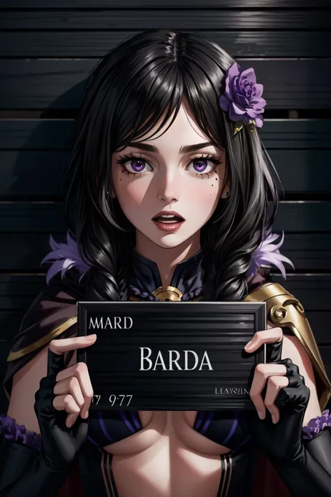 (masterpiece, best quality), intricate details,
1girl, <lora:elsagranhilte-lora-nochekaiser:0.8> elsa granhilte, black hair, braid, braided ponytail, flower, hair flower, hair ornament, long hair, mole, mole under eye, (purple eyes:1.1), purple flower,, black pantyhose, cape, elbow gloves, fingerless gloves, gloves, navel, pantyhose, pelvic curtain, revealing clothes, underboob,
<lora:CONCEPT_barbie_mugshot_ownwaifu-10:0.8> concept_barbie_mugshot_ownwaifu, holding, barbie_mugshot_(meme),drop_shadow,height_mark, height_chart, nameplate, holding sign, letterboxed, looking at viewer, meme, mugshot, open mouth, solo, upper body, english text,