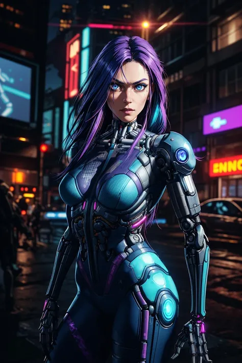 a portrait photography of a 32yo woman in neon purple long hair, (having bionic arms:1.5) from cyberpunk 2077 game, standing on top of building, rugged looking, (looking at viewer:1.5), action pose, (wearing cyberpunk style blue led suit:1.5), perfect eyes, perfect iris, identical eyes, identical iris, face to body proportion, golden ratio, symmetrical eyes, symmetrical iris, balanced eyes, sharp eyes, realistic eyes, perfect fingers,