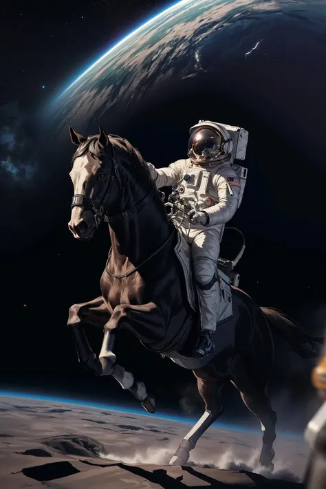 a photograph of a astronaut in spacesuit, charging forward on a 4-legged_horse, gallop, 4k, front view, dynamic angle, cinematic poster,