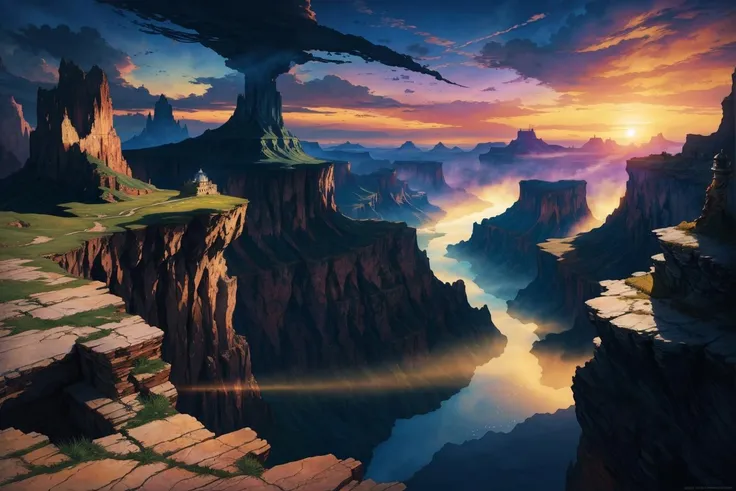 ((best quality)), ((masterpiece)), (detailed), (lone adventurer walks by vast canyon, distorted fantasy landscape:1.2), (vast canyons and floating islands with small wooden rope bridge:1.1), (desolate fantasy environment), fantasy meadows with deep verticality, waterfalls into the abyss, (fantasy illustration:1.3), cinematic and surreal, captivating, bridges, (distant shrouded lighthouse guarded by ghostly figures in background:1.2), medieval fantasy style, otherworldly charm, mystical sky, (Luis Royo:1.2), (Yoshitaka Amano:1.1), beautiful watercolor art with pencil outlines, beautiful sunny day, soft colors, (detailed cloudscape:1.3), (high-resolution:1.2), pinterest dark fanntasy concept art