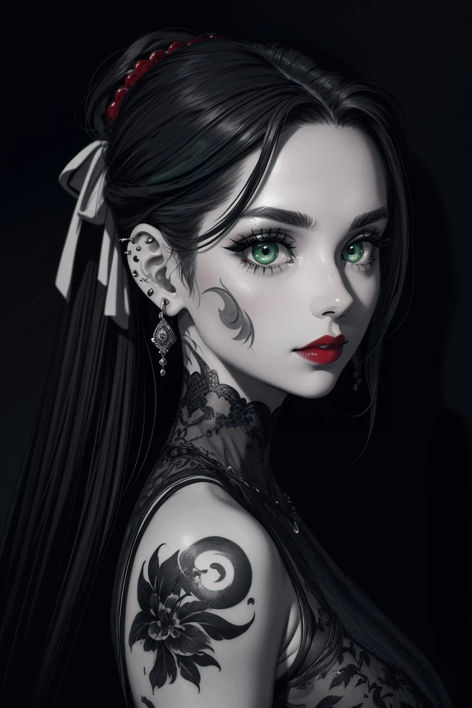 DigiArt Style, 1girl, solo, looking at viewer, long hair, monochrome, greyscale, earrings, red lips, BREAK, deep green eyes, petals, eyelashes, tattoo, makeup, watermark, piercing, ear piercing, portrait,