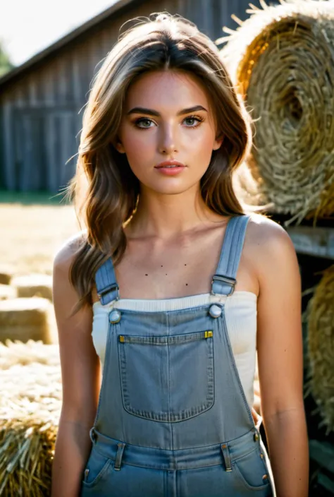 (realistic:1.3), finely detailed, quality, rembrandt lighting, (masterpiece:1.2), (photorealistic:1.2), (best quality), (detailed skin:1.3), (intricate details), dramatic, ray tracing, 1girl, american girl, 21 years old, detailed skin texture, (blush:0.5), (goosebumps:0.5), subsurface scattering, smiling, medium breasts, high ponytail hair, blonde hair, bangs, hair between eyes, naked overalls, cowboy shot, (bright sunny day, farm, barn far away, field of wheat, sky), <lora:naked_overalls_v1:0.8>