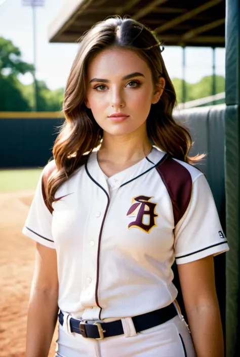 Hyperrealistic art <lora:Ell4Jo:0.7>,ell4jo,brown hair,softball uniform,ballpark,sunny day, style by Dan Winters,RAW photography,film grain,(indistinguishable from reality:1.4),photo taken with a Bolex H16, Hyperrealistic art cinematic film still photography in the style of detailed hyperrealism photoshoot,RAW,color graded portra 400 film,remarkable color,realistic dull skin noise,Thorough,analog style,highest quality,skin pores,sharp focus,dappled lighting,film grain,photographed on a Sony A7R IV,18mm F/1.7 cine lens,(highly detailed, intricately detailed),8k,HDR,, Thorough,analog style,female focus,highest quality,(highly detailed skin),perfect face,skin pores,(bokeh:0.6),sharp focus,dappled lighting,(backlighting:0.7),film grain,photographed on a Sony A7R IV,18mm F/1.7 cine lens,(highly detailed, intricately detailed),8k,HDR,front view,(full body visible:1.2), Full Body Photograph,Full Body Portrait, Full Body Visible, From a Distance, . Extremely high-resolution details, photographic, realism pushed to extreme, fine texture, incredibly lifelike