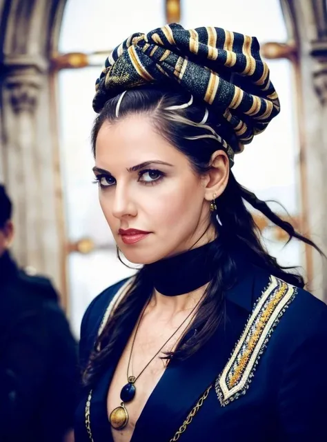 art by Juergen Teller, photo of a majestic, Daring (ahu_turkpence:1.1) , wearing Swordfish-style Turban, Universal hair styled as Shaved sides, inside of a Duomo di Milano, at Dawn, deep focus, Overdetailed art, Energetic, short lighting, film grain, Sony A9 II, F/14, Cinestill, Flickr, <lora:ahu_turkpence-000008:1>