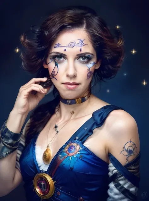 photo of a Asymmetrical petite (ahu_turkpence:1.1) , Knitting, Invigorating Brunette hair, Awe-Inspiring Clown Face Paint, Mechanical Body Parts, No makeup, Visual novel, best quality, film grain, Canon 5d mark 4, Zoom lens, Light sparkles, Virgo constellation, High quality, art by Peter Mohrbacher,art by Magali Villeneuve, <lora:ahu_turkpence-000008:1>