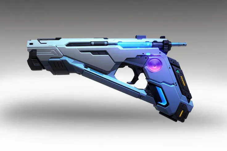 concept art, gun design, pistol, sci-fi weapon, nobody, from side, gradient, gradient background, science fiction, gray background, robot, shadow, glow, weapon, gun, solo, storage tank, blue fire<lora:qiangxie:0.8>,