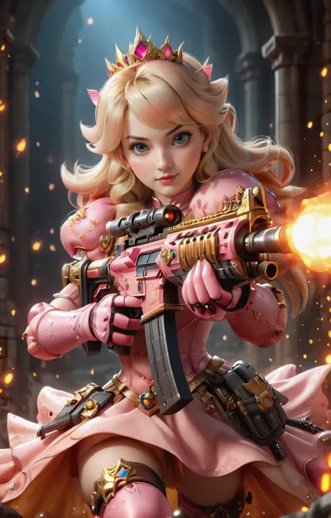 ((hyperrealistic)) cinematic photo of cute Princess Peach from Super Mario Brothers with Assault Rifle, action scene in bowsers castle, lava balls,
35mm photograph, film, bokeh, professional, 4k, highly detailed, 
<lora:XL_Weapon_Assault_Rifle_-_By_HailoKnight:0.85>,
<lora:EnvyActionShotXL01:0.65>, 
 <lora:add-detail-xl:0.6>,  
<lora:xl_more_art-full_v1:0.3>,
<lora:WowifierXL-V2:0.5>,