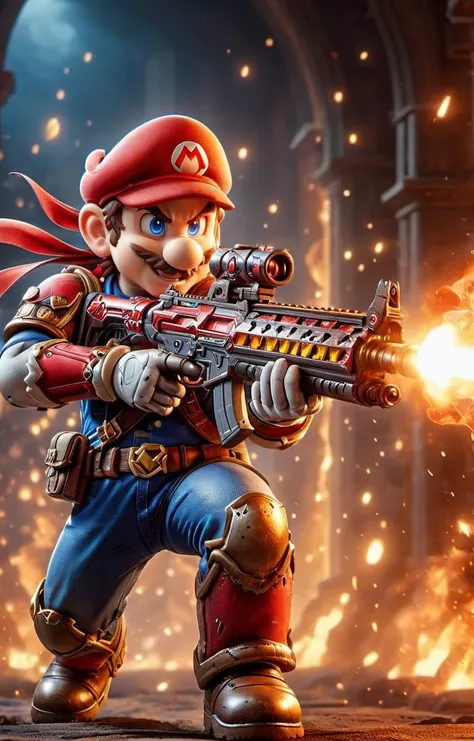 ((hyperrealistic)) cinematic photo of Mario from Super Mario Brothers with Assault Rifle, action scene in bowsers castle, lava balls, turtles,
35mm photograph, film, bokeh, professional, 4k, highly detailed, <lora:XL_Weapon_Assault_Rifle_-_By_HailoKnight:0.85><lora:EnvyActionShotXL01:0.65>, <lora:add-detail-xl:0.6>