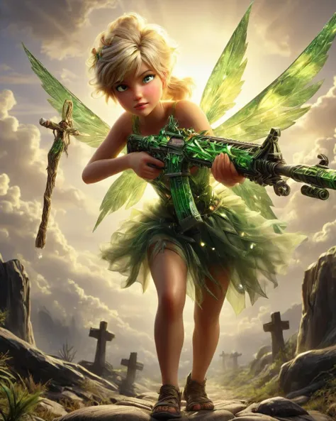 evil Tinkerbell with tattoos and a gun. wears military clothing