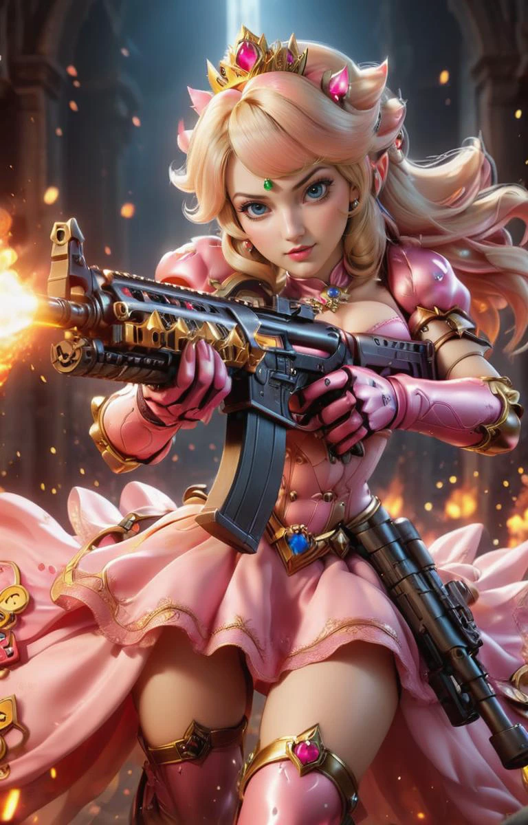((hyperrealistic)) cinematic photo of (((sexy))) Princess Peach from Super Mario Brothers with Assault Rifle, action scene in bowsers castle, lava balls,
35mm photograph, film, bokeh, professional, 4k, highly detailed,
<lora:XL_Weapon_Assault_Rifle_-_By_HailoKnight:0.85>,
<lora:EnvyActionShotXL01:0.65>,
<lora:add-detail-xl:0.6>,
<lora:xl_more_art-full_v1:0.3>,
<lora:WowifierXL-V2:0.3>,
