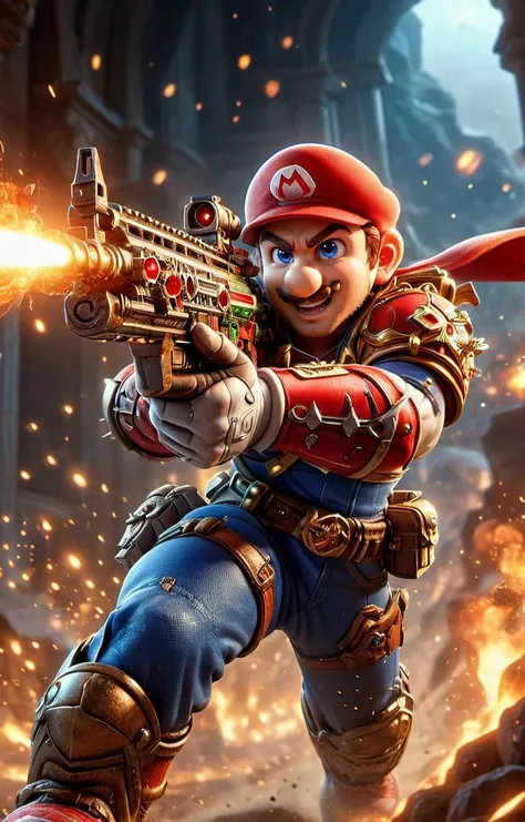((hyperrealistic)) cinematic photo of Mario from Super Mario Brothers with Assault Rifle, action scene in bowsers castle, lava balls, turtles, 
35mm photograph, film, bokeh, professional, 4k, highly detailed,  <lora:XL_Weapon_Assault_Rifle_-_By_HailoKnight:0.85><lora:EnvyActionShotXL01:0.65>,  <lora:add-detail-xl:0.6>