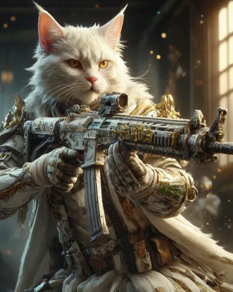 [Japanese Bobtail Cat| Boxer], it is glamourous, <lora:XL_Weapon_Assault_Rifle_-_By_HailoKnight:1> Assault Rifle