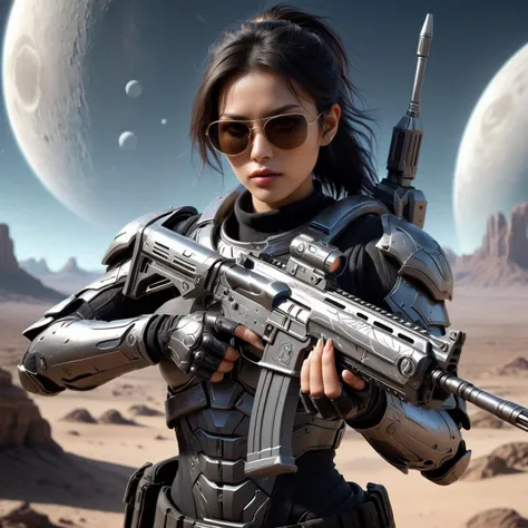 on a desert planet, steel body armor, woman, detailed face, holding an assault rifle, sunglasses, 3 moons in orbit
<lora:XL_Weapon_Assault_Rifle_-_By_HailoKnight:0.5>