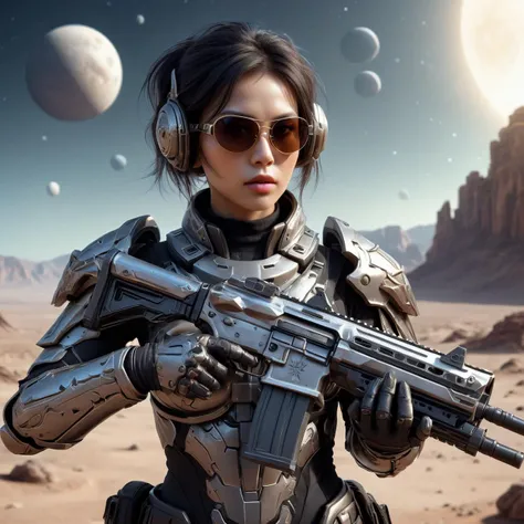 on a desert planet, steel body armor, woman, detailed face, holding an assault rifle, sunglasses, 3 moons in orbit
<lora:XL_Weapon_Assault_Rifle_-_By_HailoKnight:0.5>