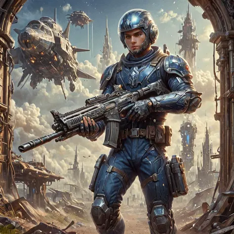 1950's-illustration-style, pulp magazine style, (a handsome-man-space-ranger-blue-uniform-boots-helmet-wielding-Assault-Rifle), behind (a retro space-ship) future city background, (best quality) (masterpiece) <lora:XL_Weapon_Assault_Rifle_-_By_HailoKnight:0.8>