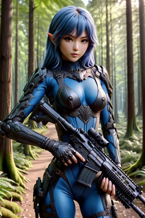cinematic photo beautiful japanese woman 24 years old, completely blue haired, very long hair, perfect body, slim face, asian eyes, medium breasts, wearing tight pink bodysuit, outside, full body shot, masterpiece, best quality, highres, 4k, ray tracing, intricate details, highly detailed, <lora:XL_Weapon_Assault_Rifle_-_By_HailoKnight:0.8> Assault Rifle . 35mm photograph, film, bokeh, professional, 4k, highly detailed