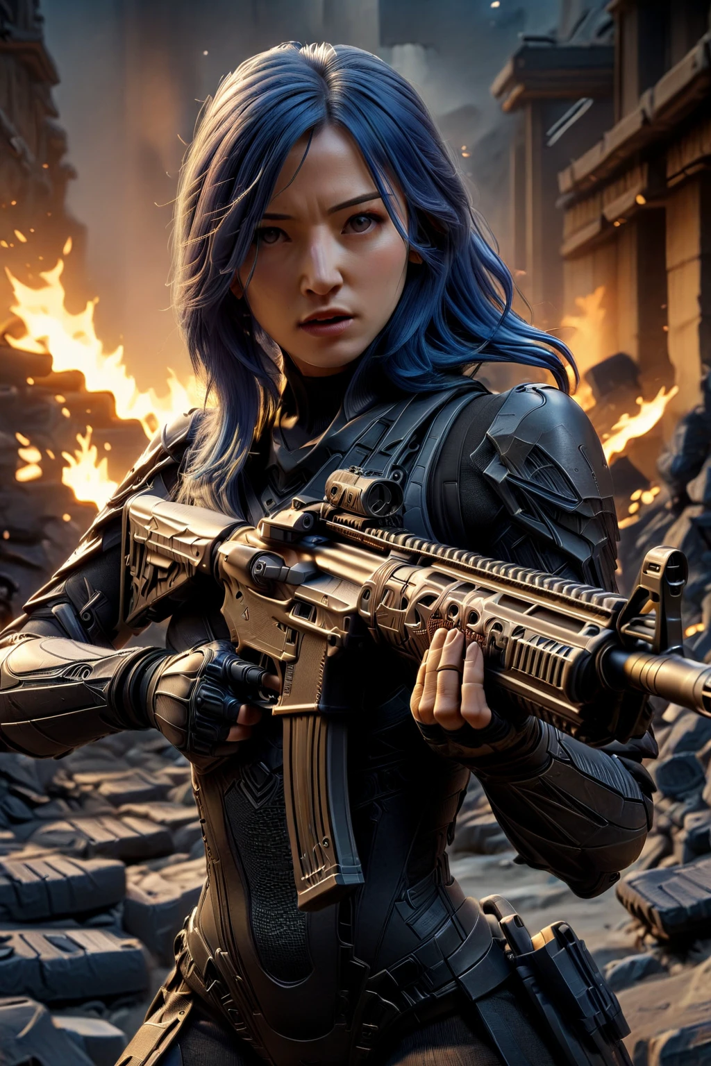 cinematic film still beautiful japanese woman 24 years old, completely blue haired, very long hair, perfect body, slim face, asian eyes, medium breasts, wearing tight pink bodysuit, in ruined city, broken buildings, flames, broken cars, post-apocalypse, full body shot, masterpiece, best quality, highres, 4k, ray tracing, intricate details, highly detailed, <lora:XL_Weapon_Assault_Rifle_-_By_HailoKnight:0.85> black Assault Rifle . shallow depth of field, vignette, highly detailed, high budget, bokeh, cinemascope, moody, epic, gorgeous, film grain, grainy
