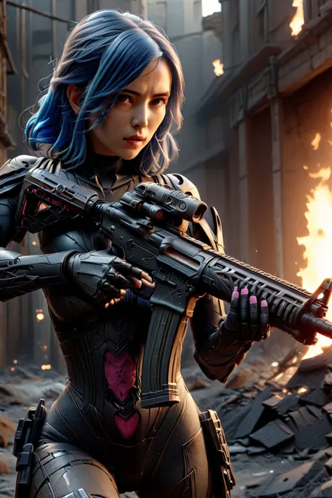 cinematic film still beautiful japanese woman 24 years old, completely blue haired, very long hair, perfect body, slim face, asian eyes, medium breasts, wearing tight pink bodysuit, in ruined city, broken buildings, flames, broken cars, post-apocalypse, full body shot, masterpiece, best quality, highres, 4k, ray tracing, intricate details, highly detailed, <lora:XL_Weapon_Assault_Rifle_-_By_HailoKnight:0.85> black Assault Rifle . shallow depth of field, vignette, highly detailed, high budget, bokeh, cinemascope, moody, epic, gorgeous, film grain, grainy