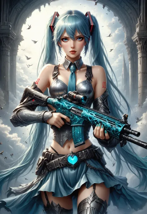 score_9, score_8_up, score_7_up, score_6_up, score_5_up, score_4_up
BREAK solo, hatsune miku, colored nails, armor, skirt, leather clothing, straps, belt, holding assault rifle, holding weapon, birds, clouds, sunbeam, backlighting, glistening, glitter, sparkles
<lora:GoddessStyle_ponyXL_v10:1> <lora:AssaultRifle_ponyXL_v10:1>