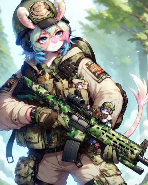 score_9, score_8_up, score_7_up, score_6_up, rating_safe, <lora:MelusineV4SDXL:1> melusine, curly ears, thin tail, multicolored hair, multicolored skin <lora:[PonyXL] Sexy Attire - Tactical (EDG):1> gloves, military, helmet, headset, camouflage, load bearing vest, sling, wearing epTactical, boots, <lora:Pony_Weapon_Assault_Rifle_-_By_HailoKnight:0.8> (assault rifle, size difference),