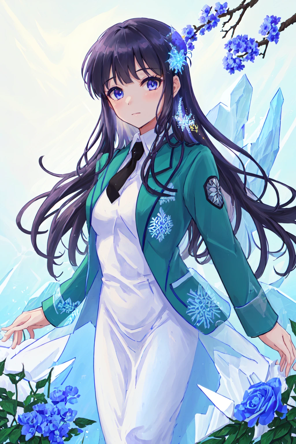 miyuki, frozen over, (ice:1.4), (frozen_mist), 1girl, (masterpiece:1.2), (best quality:1.2), (sharp detail:1.2), (highres:1.2), (in a garden of blue flowers), (frozen flowers:1.3), cowboy_shot, blue _rose, blizzard, frost, green blazer, insignia, long dressm hairtie, snow, (looking_at_viewer:1.2), <lora:miyuki_final:0.6>