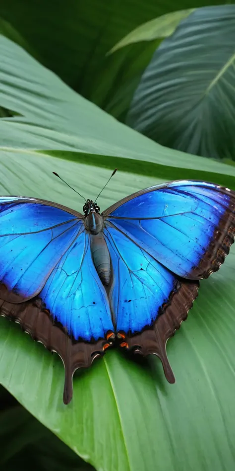 Blue Morpho butterfly, resting, tropical forest, daylight, natural sunlight, no artist, realistic, photography, highly detailed, vibrant colors, Sony camera, 4K, ultra-high-definition, crisp focus,<lora:HMSGå¾®è·è´è¶XL-000010:1>,